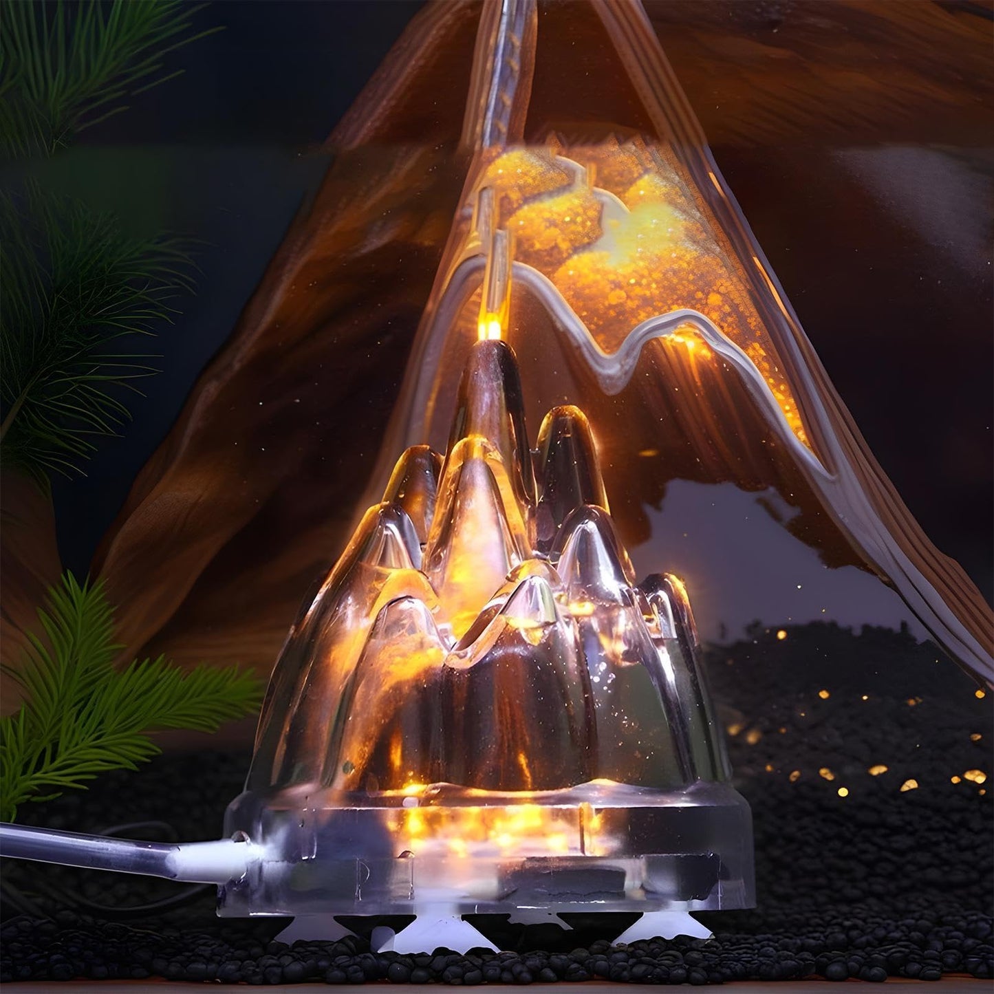 Aquarium Volcano Decoration - LED Light Sculpture, Bubble Rock Air Stone Design | Volcanic Style Tank Ornament For Oxygen Effect Fish Environment, Decorative Piece For Saltwater Freshwater Turtle Bowl
