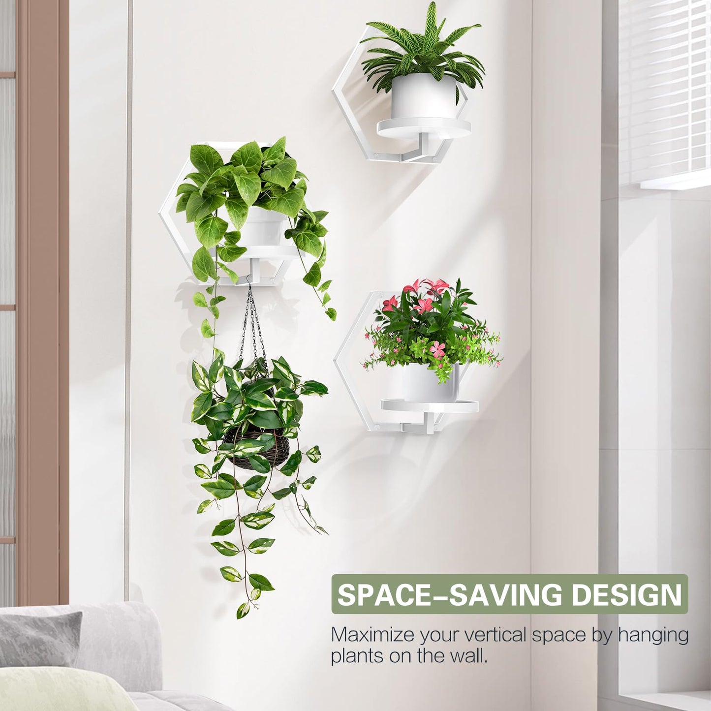 JOPBENG 3 Packs Wall Planters for Indoor Plants, 7.9inch Metal Wall Plant Holder Hanger Wall Decor, Wall-Mounted Hanging Planters Window Plant Shelves Outdoor(White)