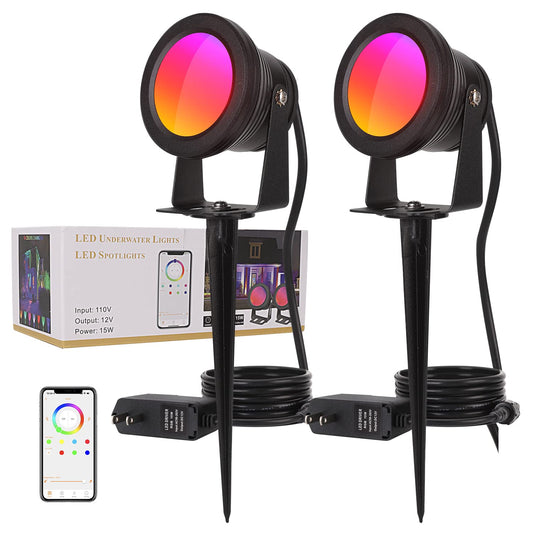 RUICAIKUN Smart Outdoor Lights,15w Backyard Lights with US Plug,12V APP Control Colored Spotlights with Waterproof,Dimmable Garden Lights with Timer,Outdoo Lights for Yard with Music Sync（NO Remote）