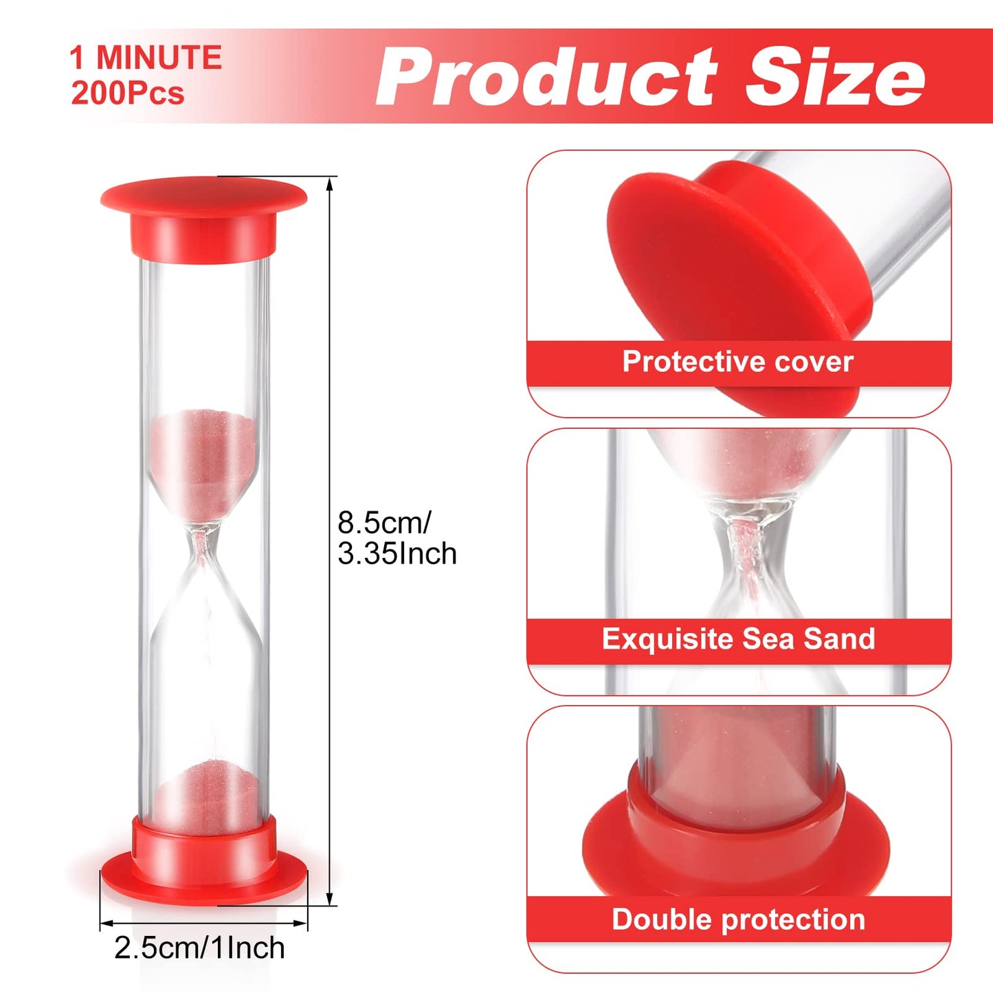 200 Pcs 1 Minute Sand Timer in Bulk Acrylic Covered Hourglass Timer Red Sand Clock for Kitchen Home Supplies, 3.35 x 0.98 x 0.98 Inches