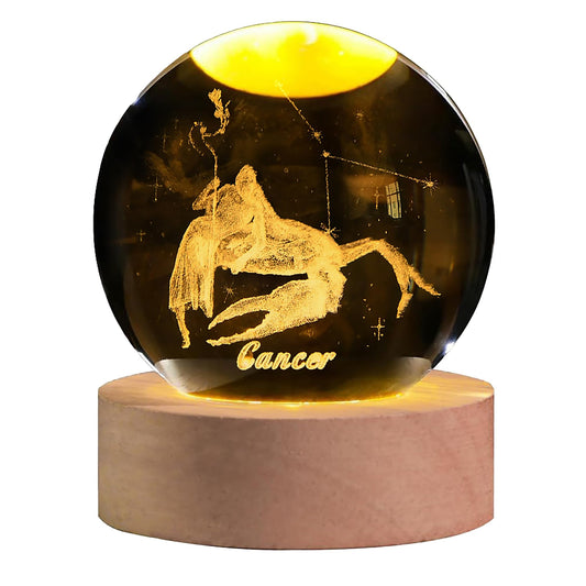 QIANCHANG 3D Etched Crystal Ball with LED Light Stand, Twelve Zodiac Cancer Constellation Decor Glass Sphere Lamp, Astrology Birthday Gifts for Women Kids