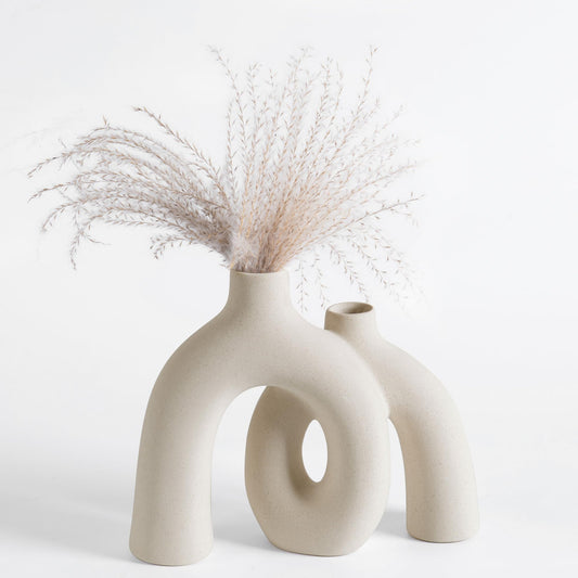 Ceramic Hug Vase (Creamy White) Modern Donut Style Hugging Vases for Flowers Minimalist Decor – Hollow Ceramic Waterproof Home Decor Vases for Living Room, Bed Room, Book Shelf, Entryway, Table