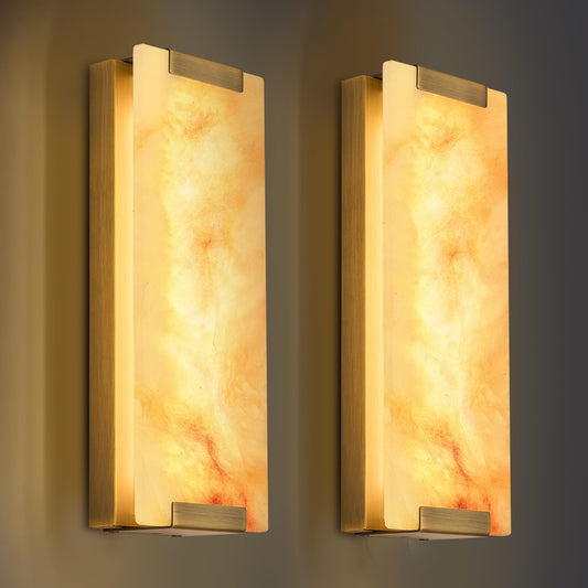14.2 in Brass Alabaster Wall Sconces, Natural Marble Wall Sconces Set of Two, Indoor Alabaster Sconces for Living Room, LED Modern Alabaster Sconces Wall Lighting for Dining Room,Bedroom ,Stairs