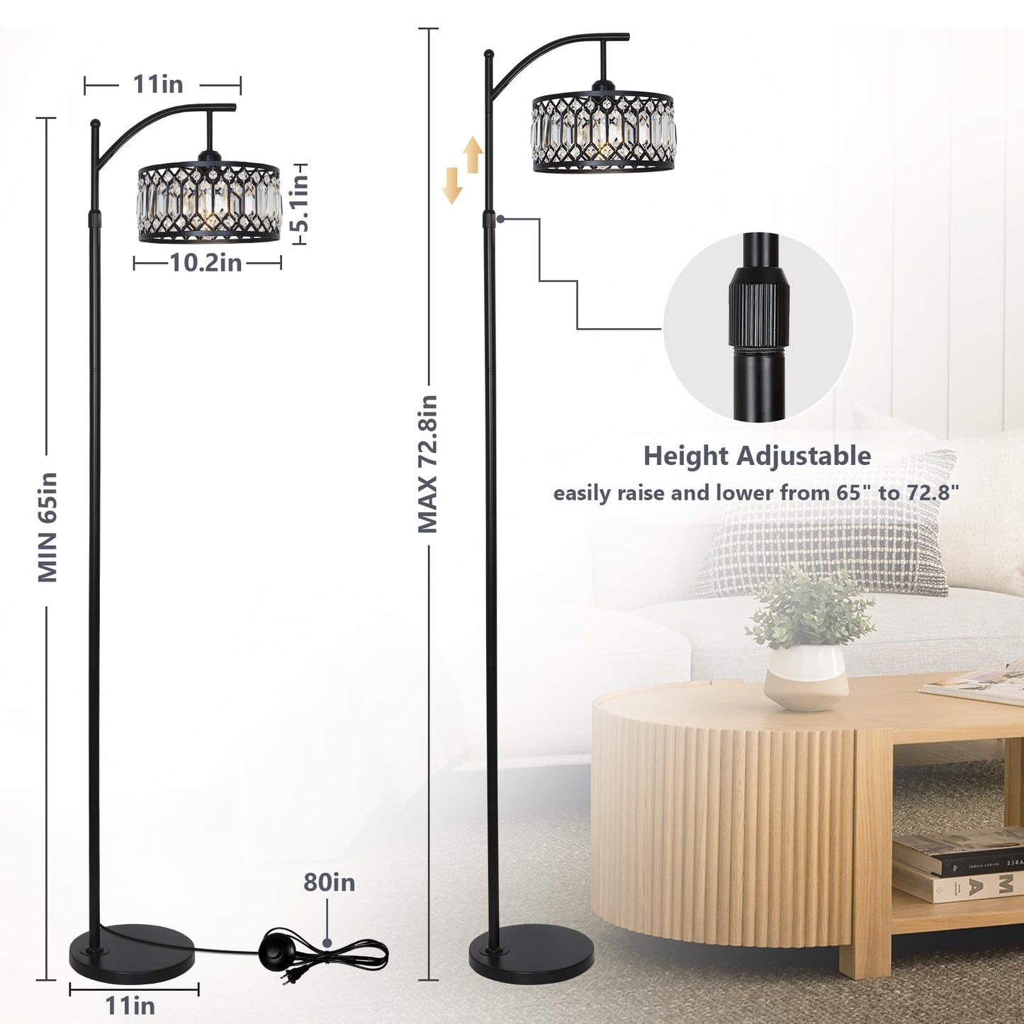 Crystal Floor Lamps for Living Room, Modern Arc Floor Lamp, Black Standing Lamp with Edison Bulb, Height Adjustable Tall Lamp for Bedroom, Corner Stand Up Lamp for Office, Arched Reading Light