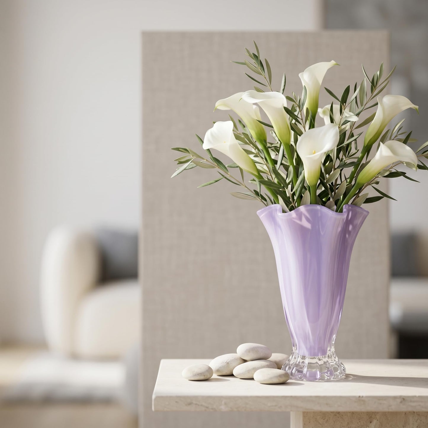 Ruffled Vase Display with Wavy Rim, Hand Blown Glass Vase for Flowers, Blown Glass Decor Centerpiece with Ribbed Panels for Tabletop Shelf Mantel Home Decor (Purple)