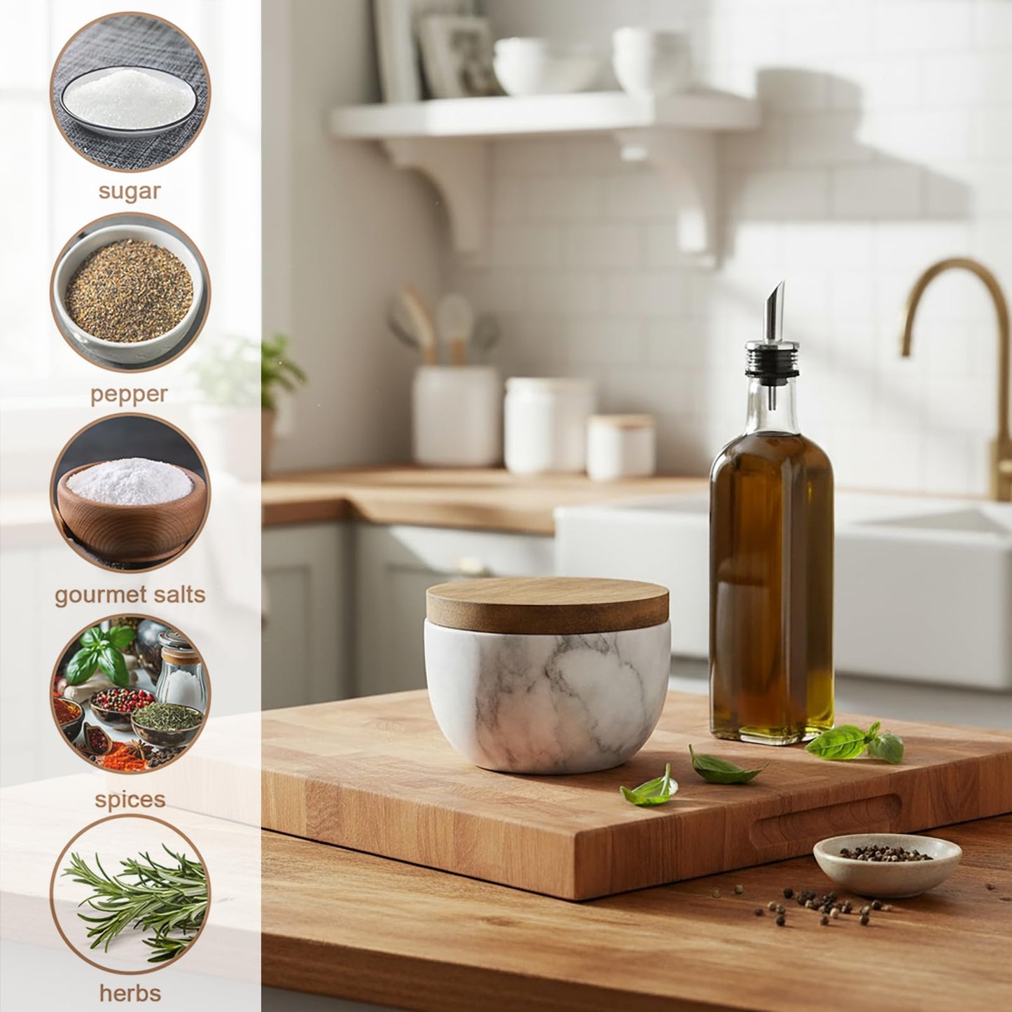 Nicunom Marble Salt Cellar with Acacia Wood Lid and Spoon, Elegant Handcrafted Salt Box Pepper Bowl Spice Jar Seasoning Keeper Salt Container for Kitchen Counter