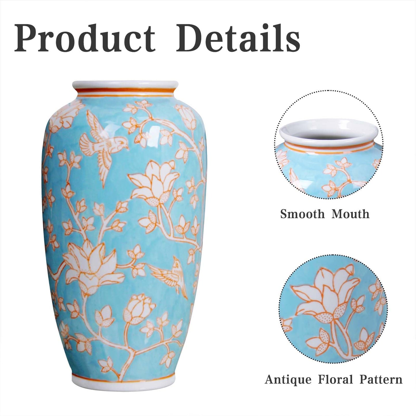Blue and White Chinoiserie Ceramic Vase, 14 Inch Chinese Style Hand Painted Flower & Bird Art Decor Vase Antique Floral Vase for Living Room, Farmhouse, Table Centerpiece