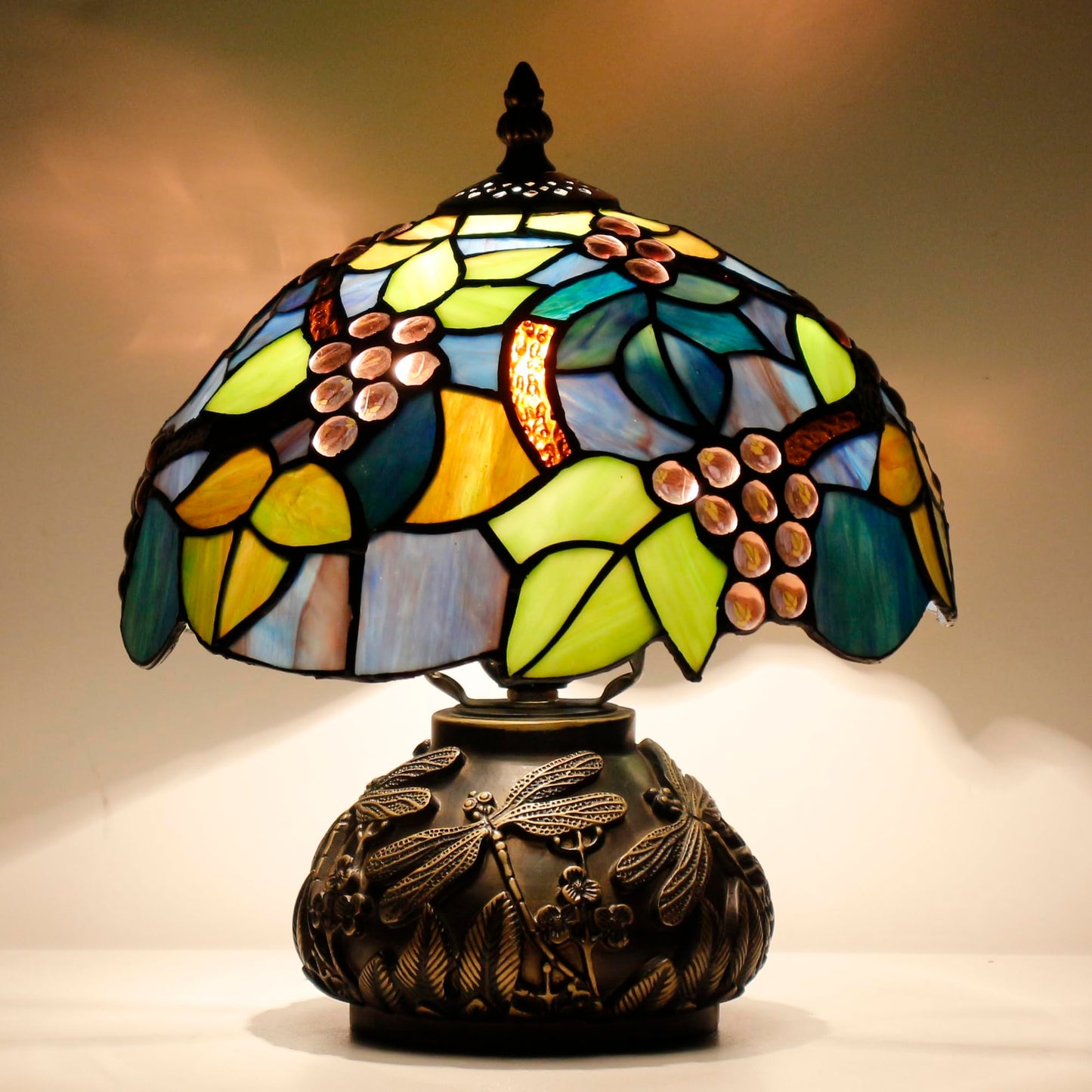 Small Tiffany Table Lamp Amber Grapes Style Glass Desk Lamp 10X11.5 Inch