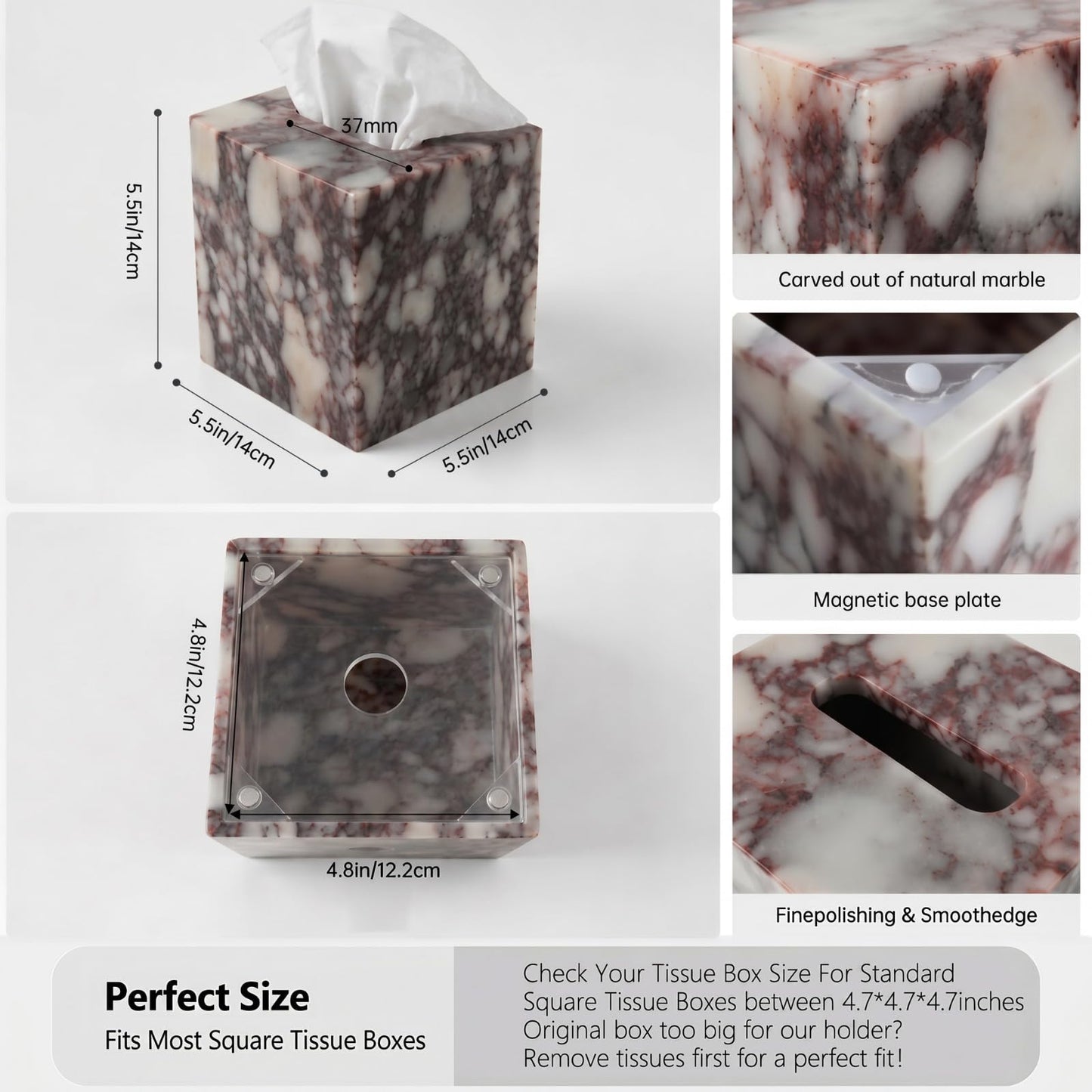 Luxury Natural Calacatta Viola Marble Tissue Box Cover with Magnetic Base