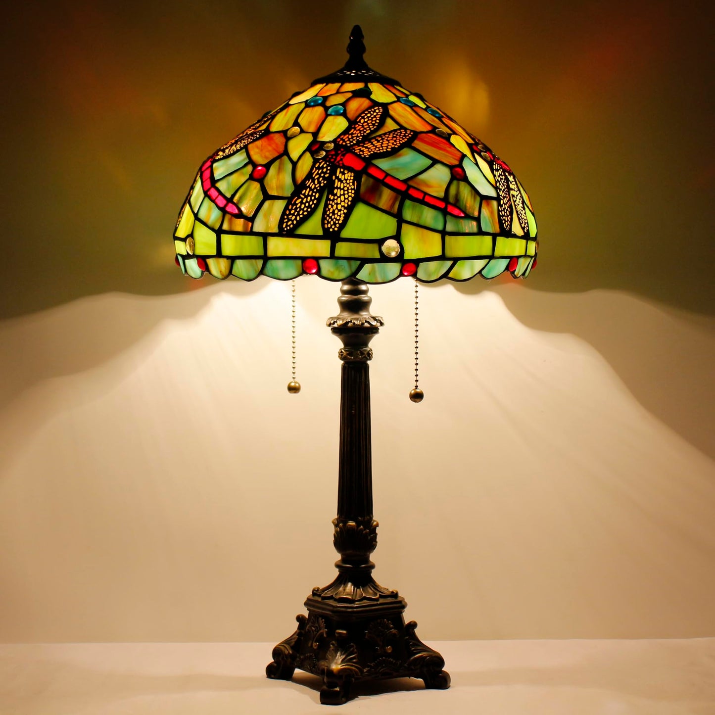 L-Juicwe Tiffany Table Lamp Green Red Stained Glass Desk Lamp 12X12X21 Inches Dragonfly Style Reading Light