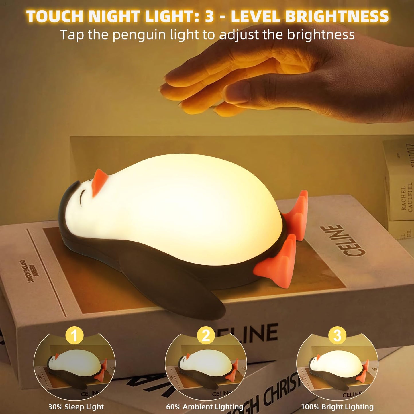 Tcamp Cute Penguin Night Light for Kids, 3 Level Dimmable Nursery Nightlight Lamp, Cute Silicone Squishy Lighted Penguin Tap Light, Rechargeable Bedside Touch Lamp for Toddler Baby