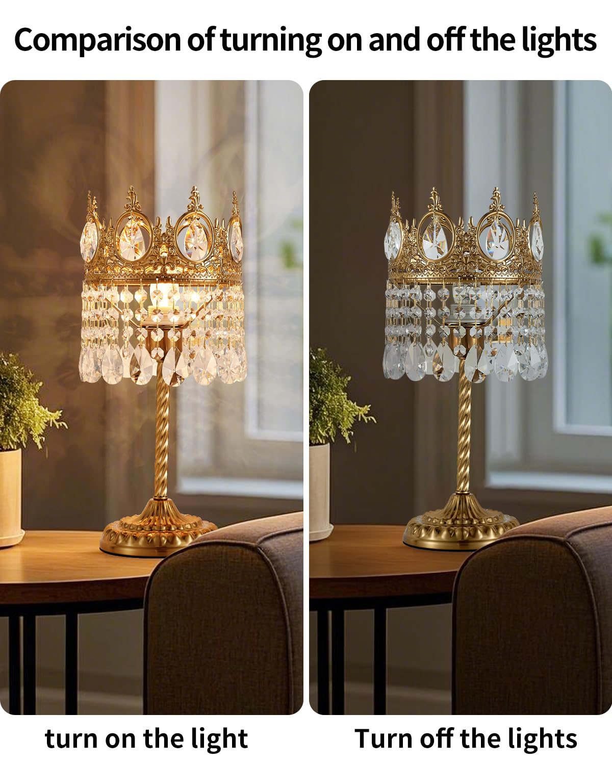 AuroraSpher 17" Gold Crystal Table Lamp for Bedroom, Cute Crown Shape Bedside Lamp for Nightstand, Modern Farmhouse Plug in Desk Lamp for Living Room, Home Office, Home Decor