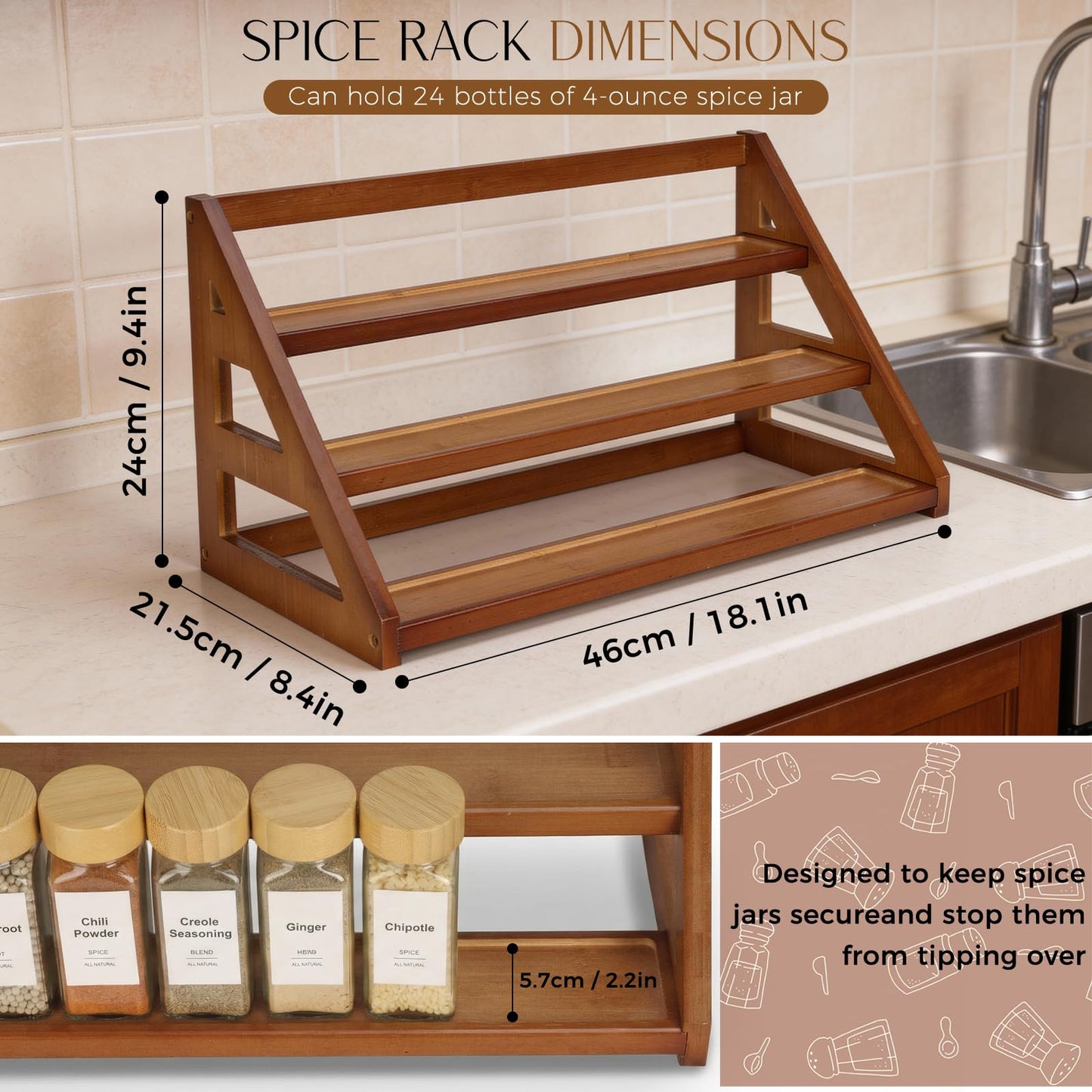 MNADSFKJ Bamboo 3 Tier Spice Rack,Spice Organizer for Cabinet/Countertop