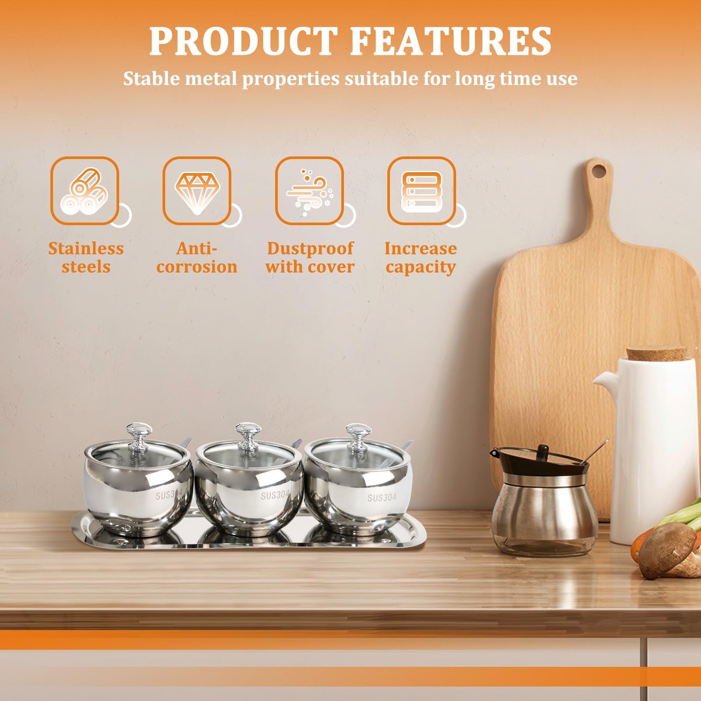 Roucerlin 3 Grids 10 Oz Stainless Steel Sugar Bowl with Spoon Tray Lid, Silver Salt Spice Containers Dispenser Set, Sugar Jar Holder Dish for Coffee Bar Storage Seasoning Kitchen Countertop (Silver)