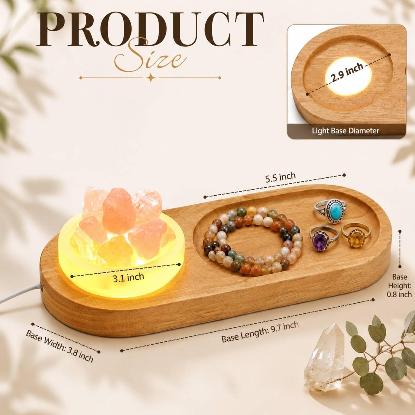 Hushee Selenite Crystal Bowl Jewelry Tray for Women Room Aesthetic Decor Gift, Set of 3 Light up Decorative Wood Jewelry Holder Selenite Bowl & Rose Quartz Stone for Essential Oil Healing Meditation