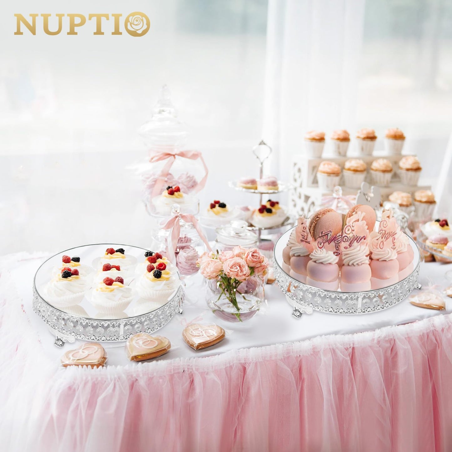 Wedding Metal Cake Display Stand with Mirror Top Plate 12 inches Diameter Beaded Crystal Metal Cake Pedestal, Snack Tray, Baking Party Supplies Centerpiece