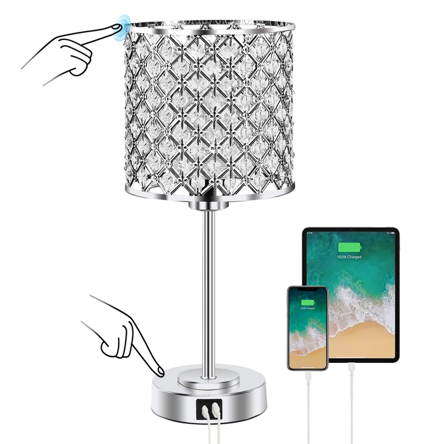 GyroVu Crystal Table Lamp for Bedroom Living Room, Touch Control Bedside Lamp with USB C+A Ports - Dimmable Nightstand Lamp Modern Light, Bulb Included