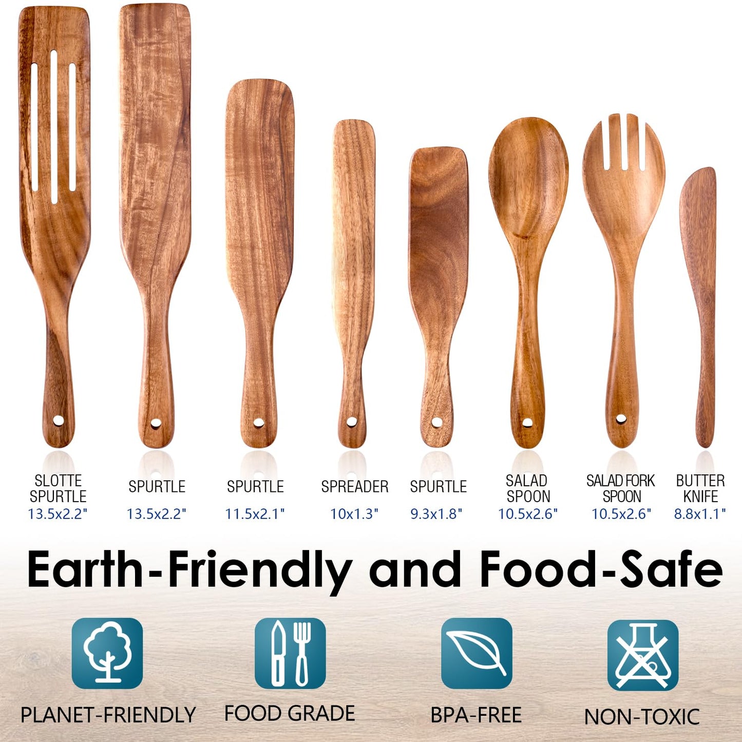 HOWHONG Wooden Spatula Spurtle Set for Cooking, Acacia Wood Kitchen Utensils, Premium Handmade Spurtles for Nonstick Cookware, Heat Resistant, Smooth Finish, Comfortable Grip, 8 Piece