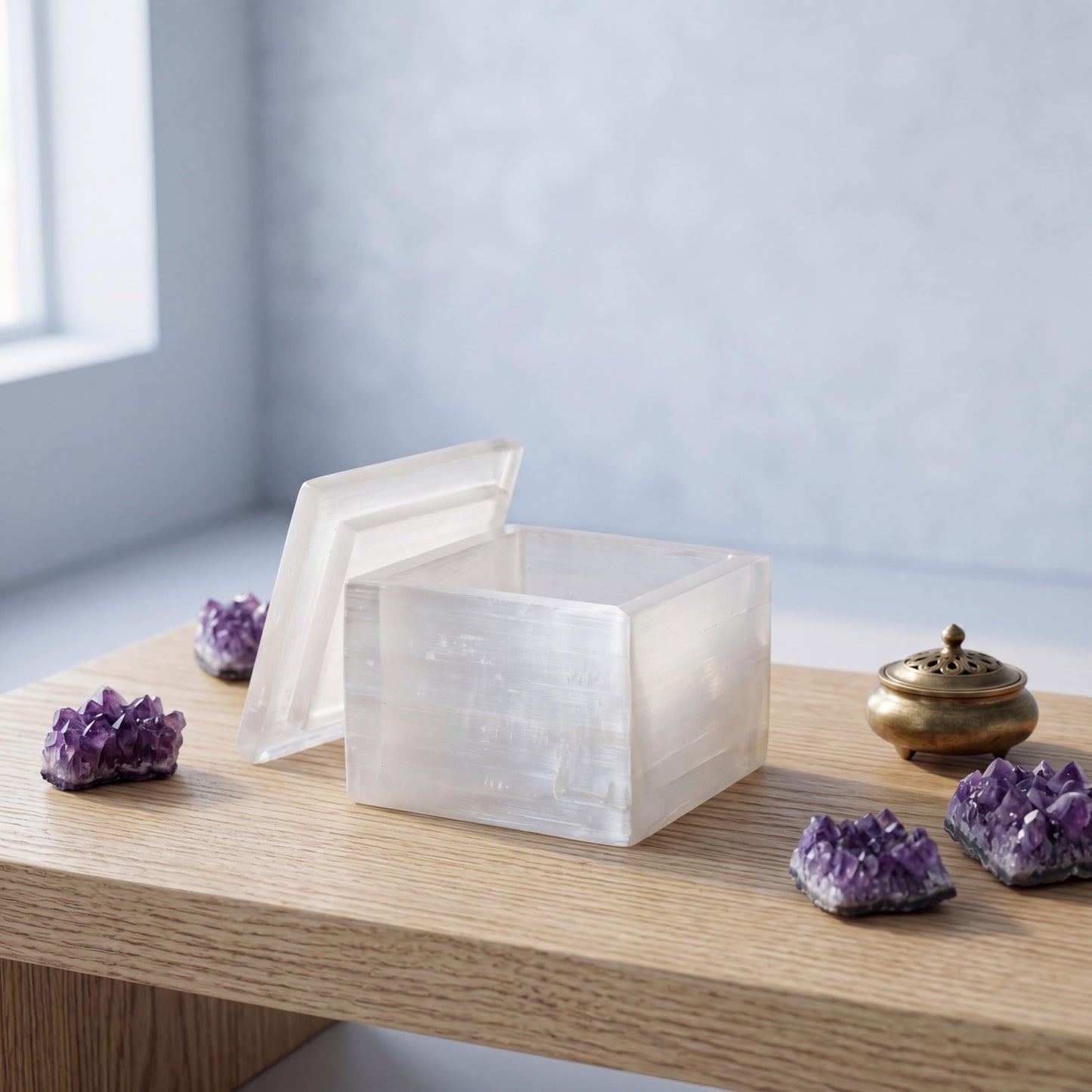 Real Natural Selenite Crystal Box Artisan-Crafted 4-Inch Stone Holder Geode Bowl with Lid Elegant Showpiece for Energy Cleansing, Display & Storage of Healing Stones, Jewelry & Meditation Tools