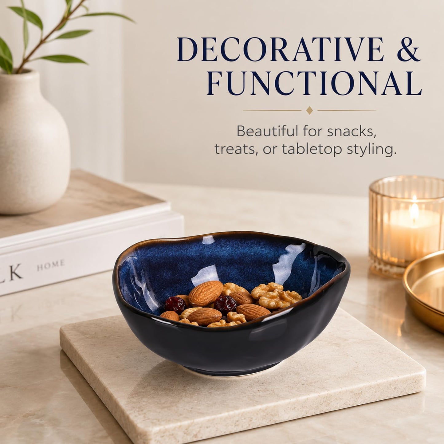 XIYOUQI 6" Blue Ceramic Decorative Bowl, Key Bowl for Entryway Table, Candy Dishes, Salad Bowl, Fruit Bowl for Kitchen Counter, Blue Small Jewelry Trinket Dish for Bedroom, Bedside Table, Living Room