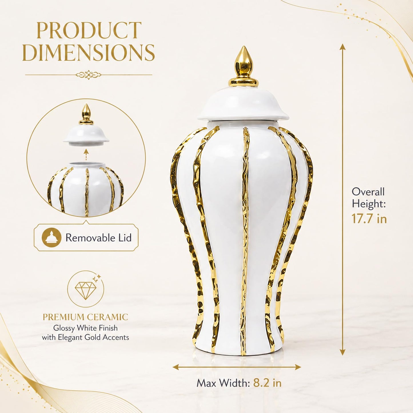 18 Inch White Gold Ginger Jar, Ceramic Decorative Vase