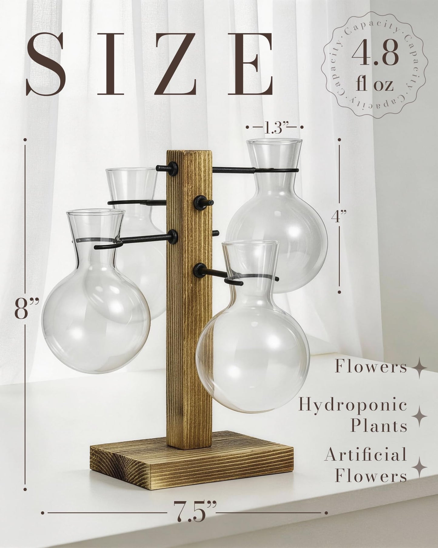 Mihoutal Plant Propagation Stations with Wood Stand, Plant Terrarium for Home Office Garden Decor, Gardening Gifts for Plant Lovers, 4 Glass Propagation Vases (Bulb Shape)