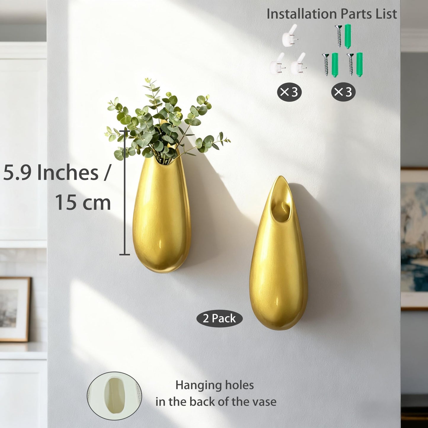 2 Pack GDSZJLJ Classic Wall Ceramic Vase, Gold Hanging Wall Vase for Flowers, Universal Minimalist Decor for Home & Gifts