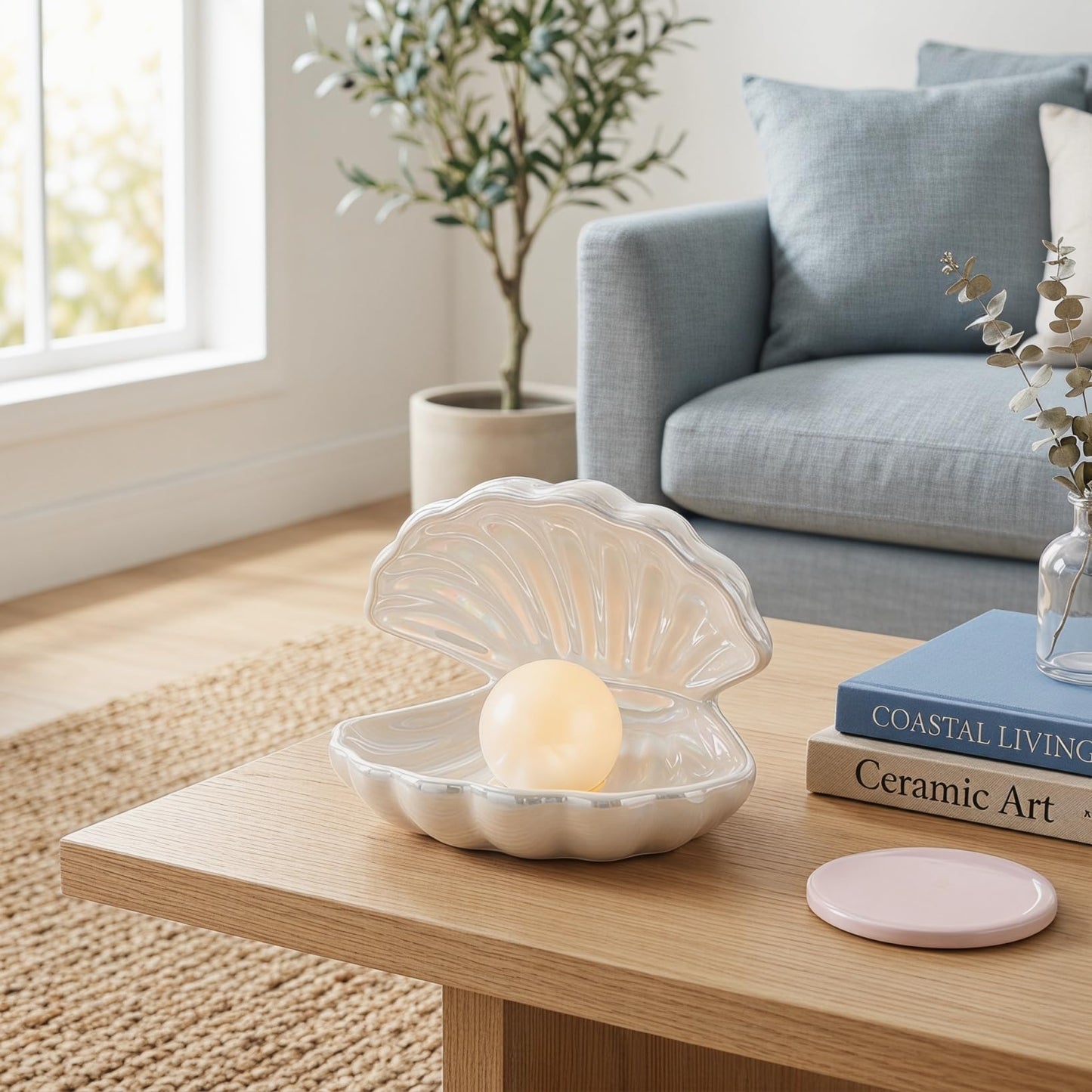 TOYANDONA Ceramic Shell Pearl Light - White Led Clam Lamp with Removable Pearl Battery Operated Soft Light for Room Tabletop Decor, Ideal Birthday