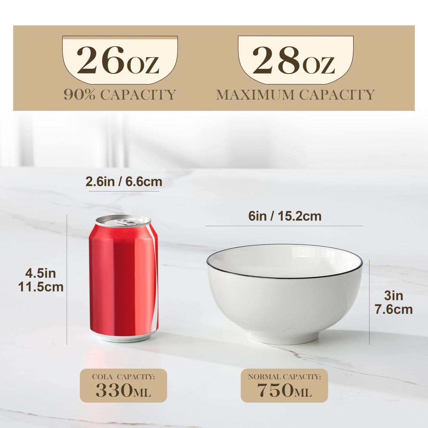 MALACASA Porcelain Soup Bowls, White Ceramic Cereal Bowls for Kitchen, Dishwasher and Microwave Safe, Series Regular 26Oz