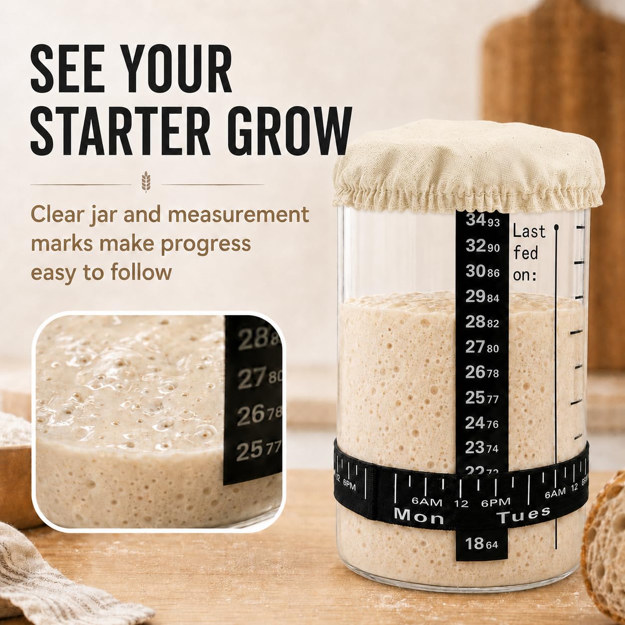USYOGO 40oz Glass POP sourdough starter jar-With-Lid | Food-grade borosilicate glass | One-touch push-button lid | With Date Marked Feeding Band, Thermometer, Silicone Scraper, Sewn Cloth Cover