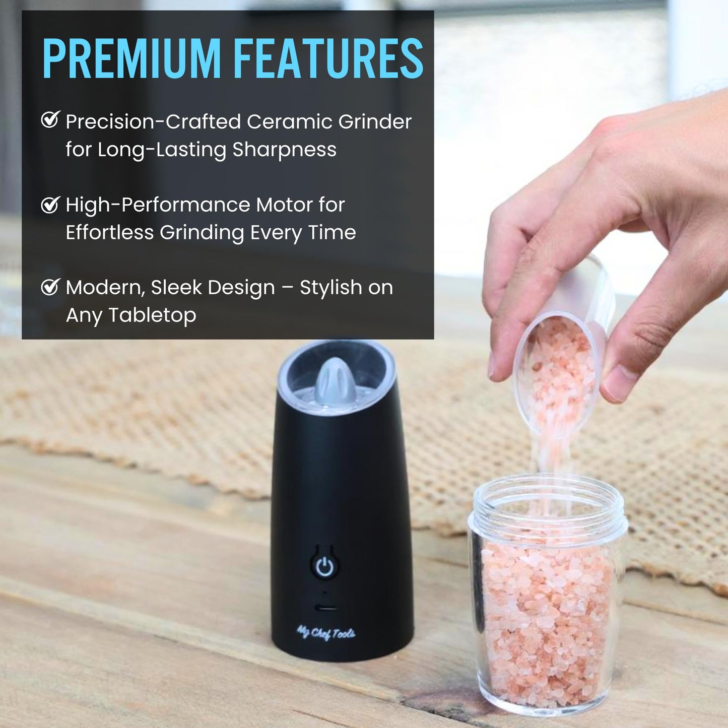My Chef Tools - Electric Salt and Pepper Grinder Set - Rechargeable Automatic Salt Pepper Mill - USB C Charging - LED Light Illumination - Adjustable Coarseness - 2 Pack Black