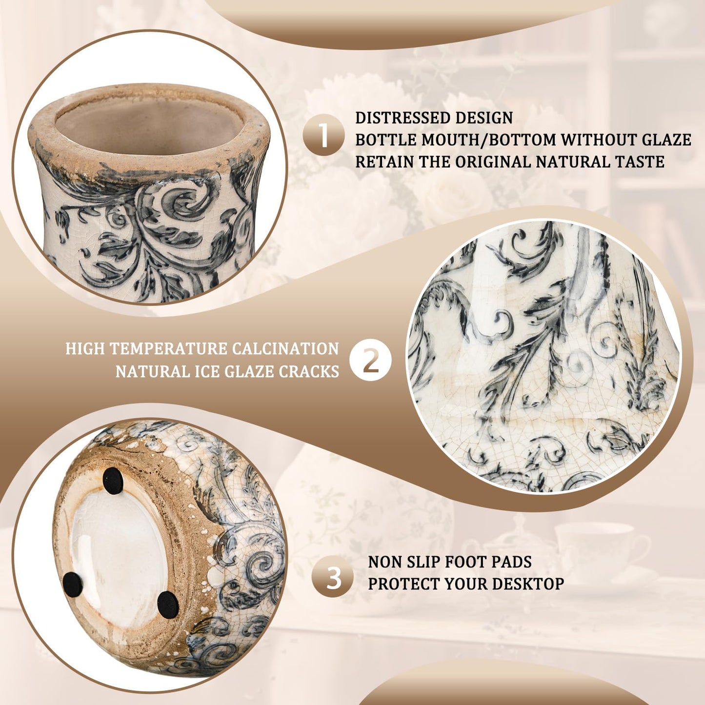 LemonRoad Vintage Ceramic Flower Vase 5.7 Inch Chinoiserie Ice Cracked Glaze Porcelain Vase Rustic Ceramic Large Centerpieces for Home Table Living Room Bookshelf Office(Vine Style)
