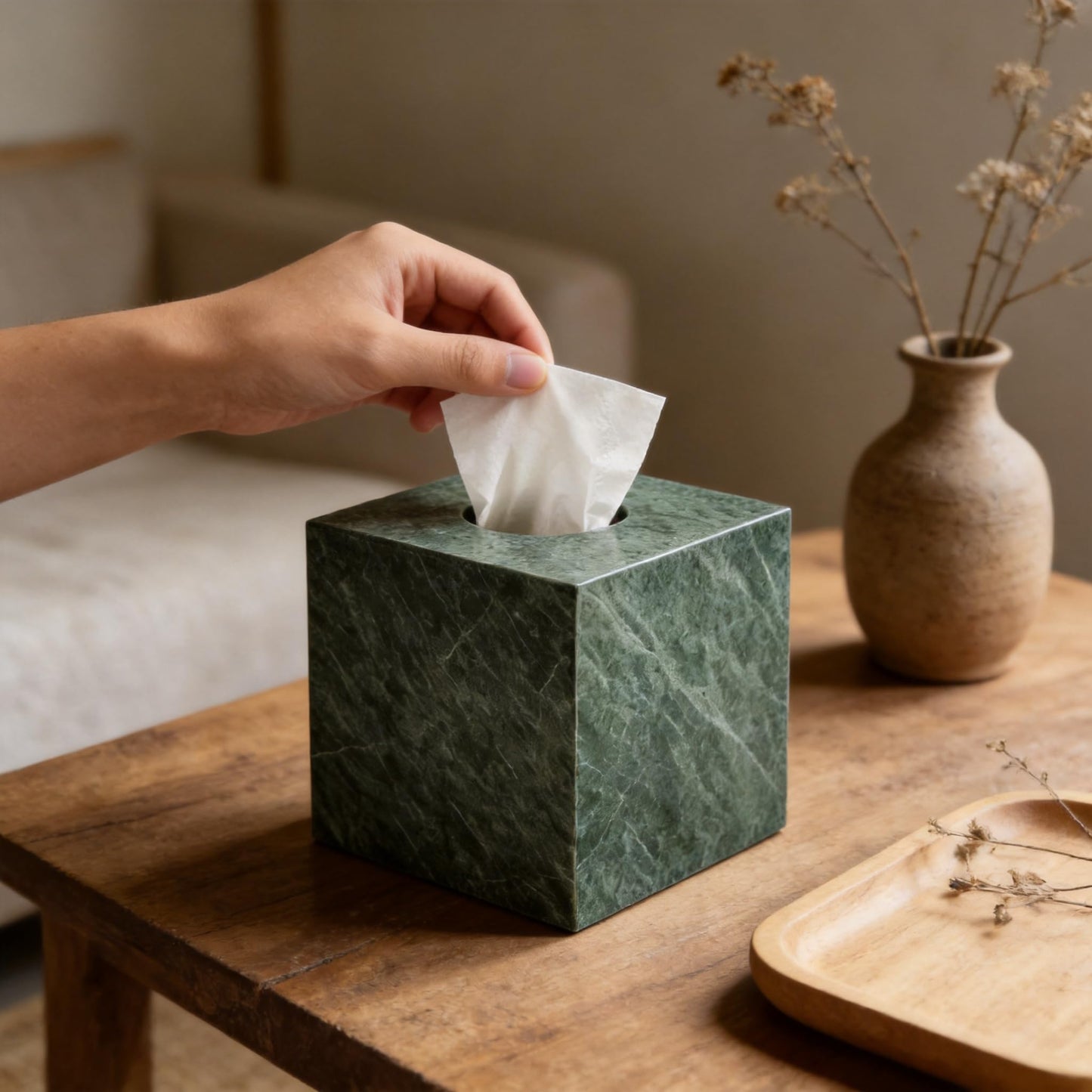 N NANSHOP Natural Marble Tissue Box Holder Cover, Square Cube Tissue Box Holder with Open Bottom for Bathroom Vanity TopsBedroom Dressers, Kitchen Countertop, Indian Green(NS056)