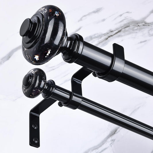 Wolistsa Black Double Curtain Rod 36 to 184 Inch, 1 Inch Adjustable Decorative Crystal Extra Long Dual Curtain Rod, Heavy Duty Vintage Double Drapery Pole with Black Foil Finial