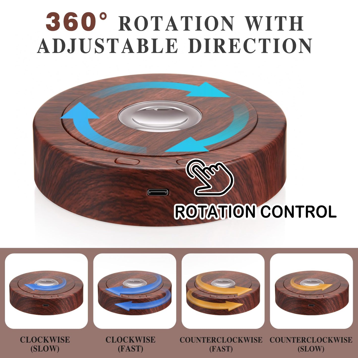 Woanger 4.5 Inch Rotating Display Stand LED Motorized Turntable Base with 360° Rotation Lighted Base for Glass Art Wood Grain for Crystal Jewelry Display USB & Battery Powered