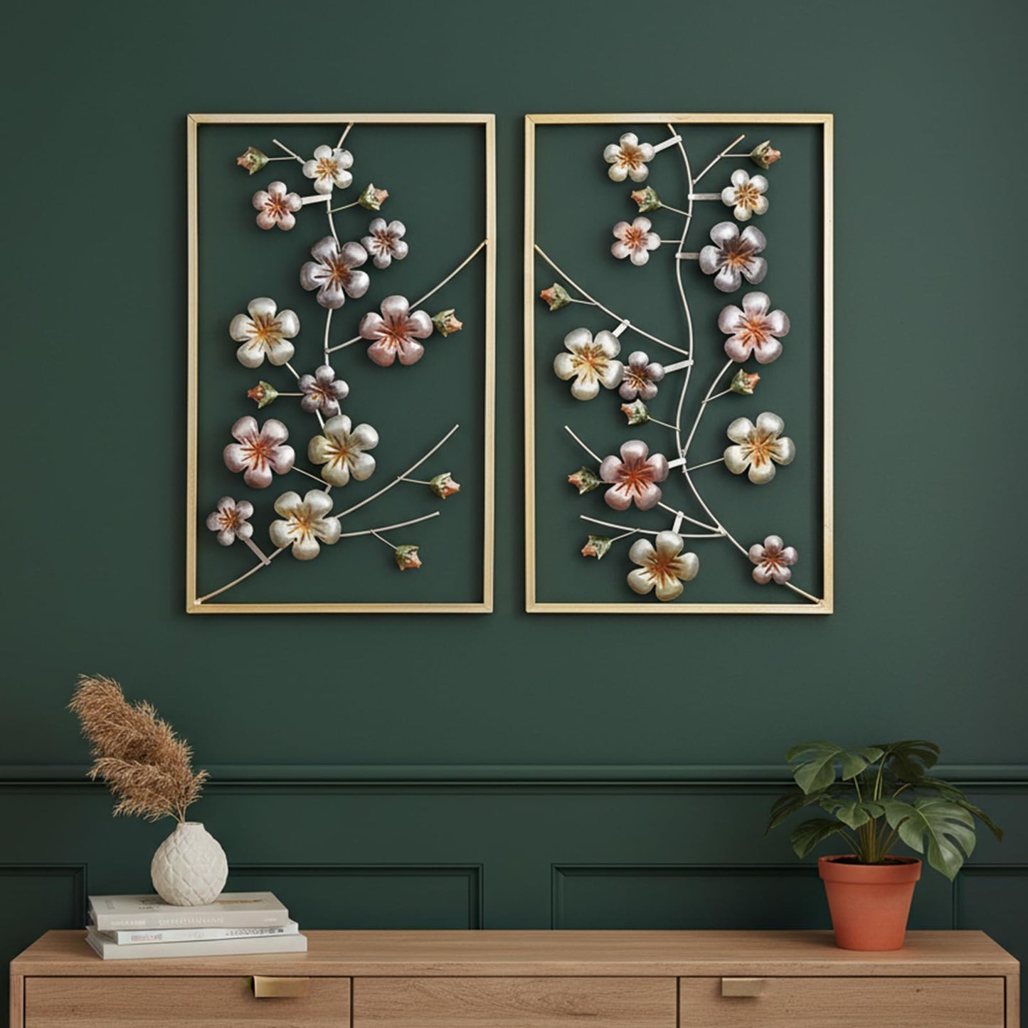 Metal Flower Wall Decor Framed, Set of 2 Floral Art wall decor, Elegant Wall Decorations for Living Room Bathroom Bedroom Above Bed Housewarming