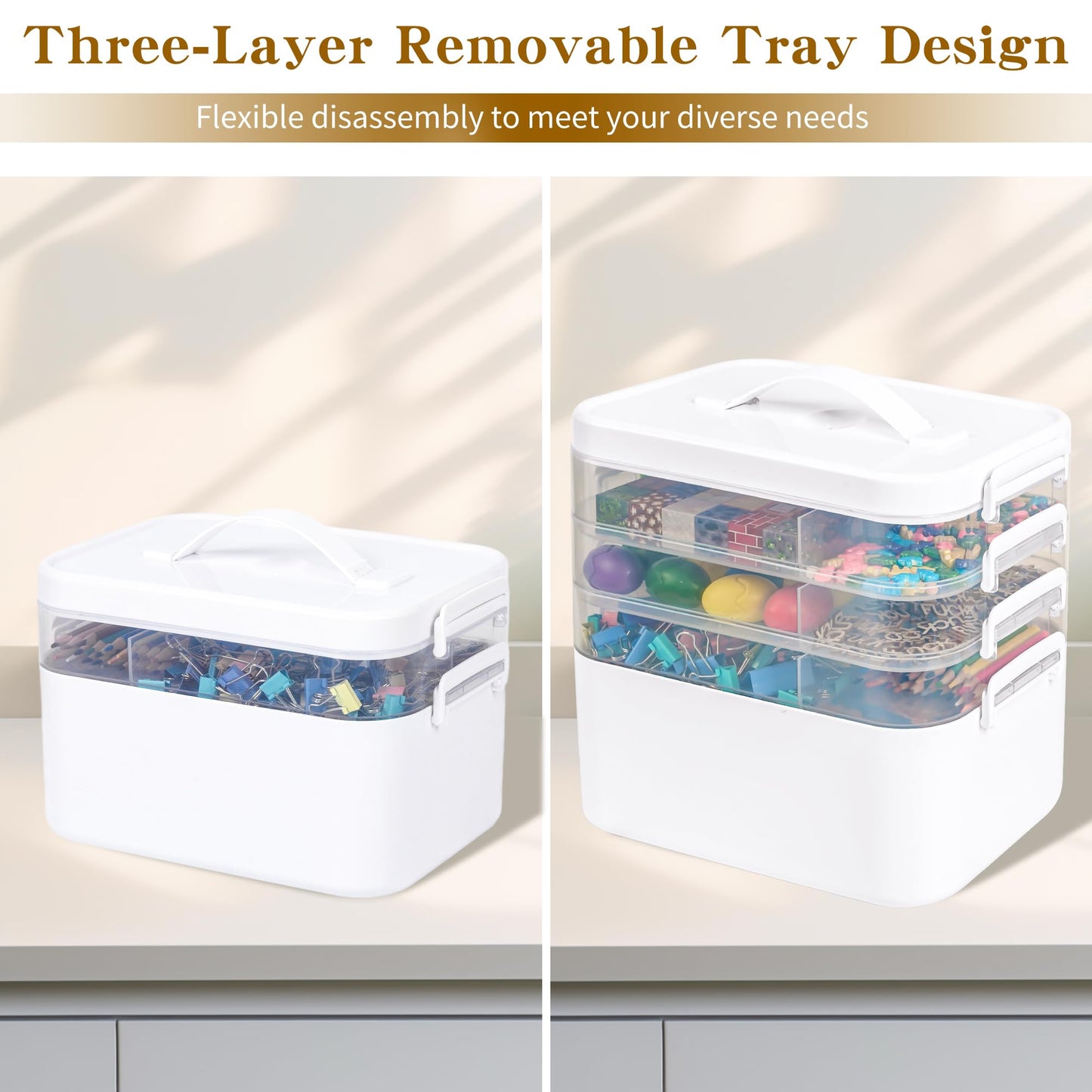MERATIA 16 QT Art Supply Organizer Box with Handle, White 3-Tier Stackable Craft Storage Container with Removable Trays for Markers, Paints, Beads and Sewing Accessories 11.1''x10.83''x10.83''