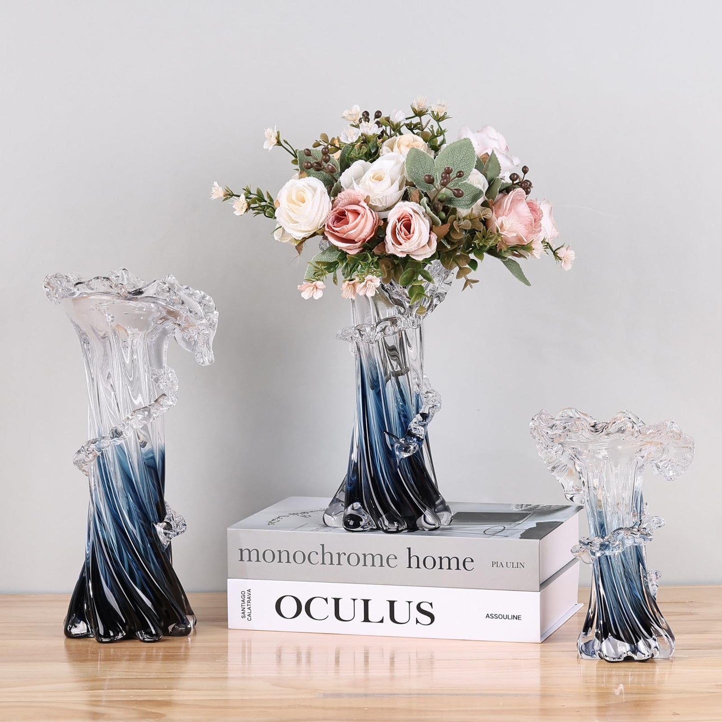LINYTHER Blue White Clear Wave Vases Gradient, Murano Hand Blown Glass Vase Unique Art Decorative, for Ocean Themed Coastal Home Centerpiece Modern Office Entrance Table Creativity