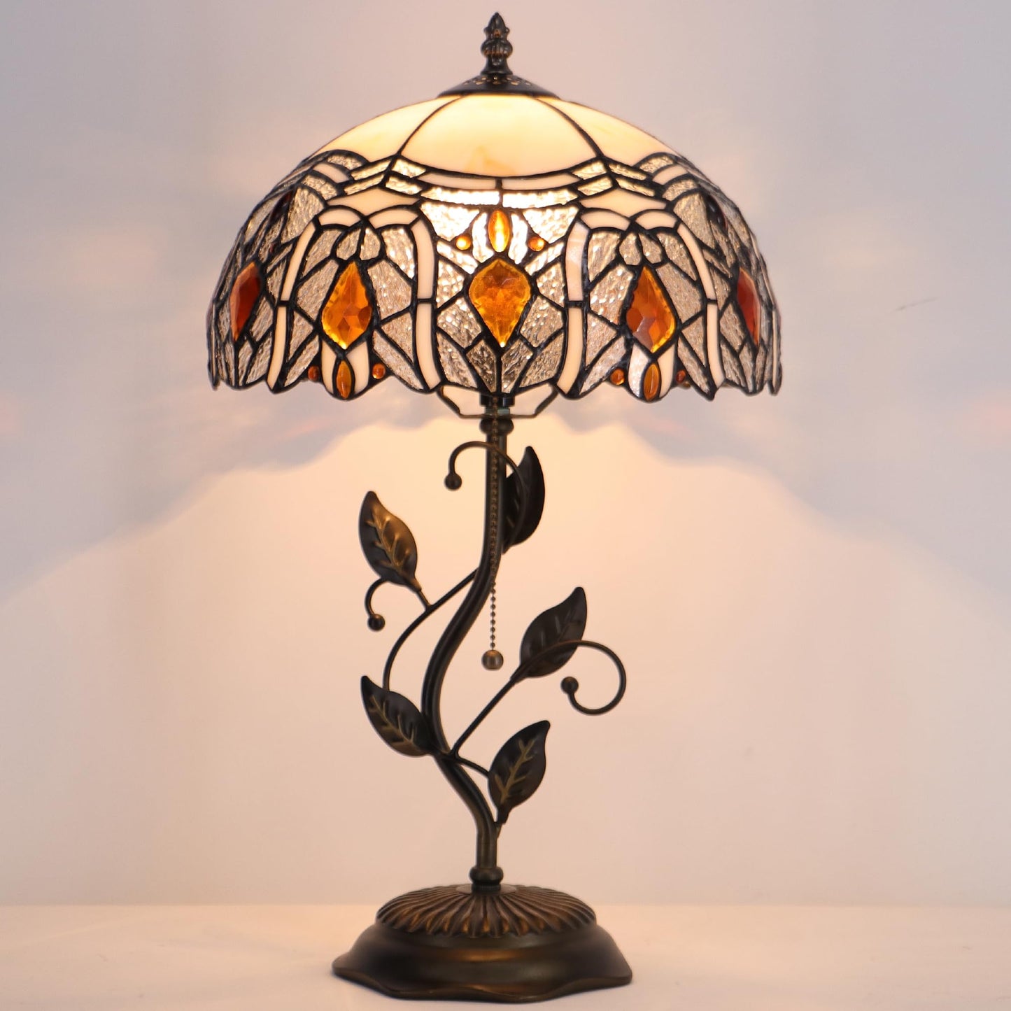 HZYFFYU Tiffany Table Lamp Stained Glass Desk Lamp Metal Leaf Base Reading Light 12X19 Inch (Crystal Style)