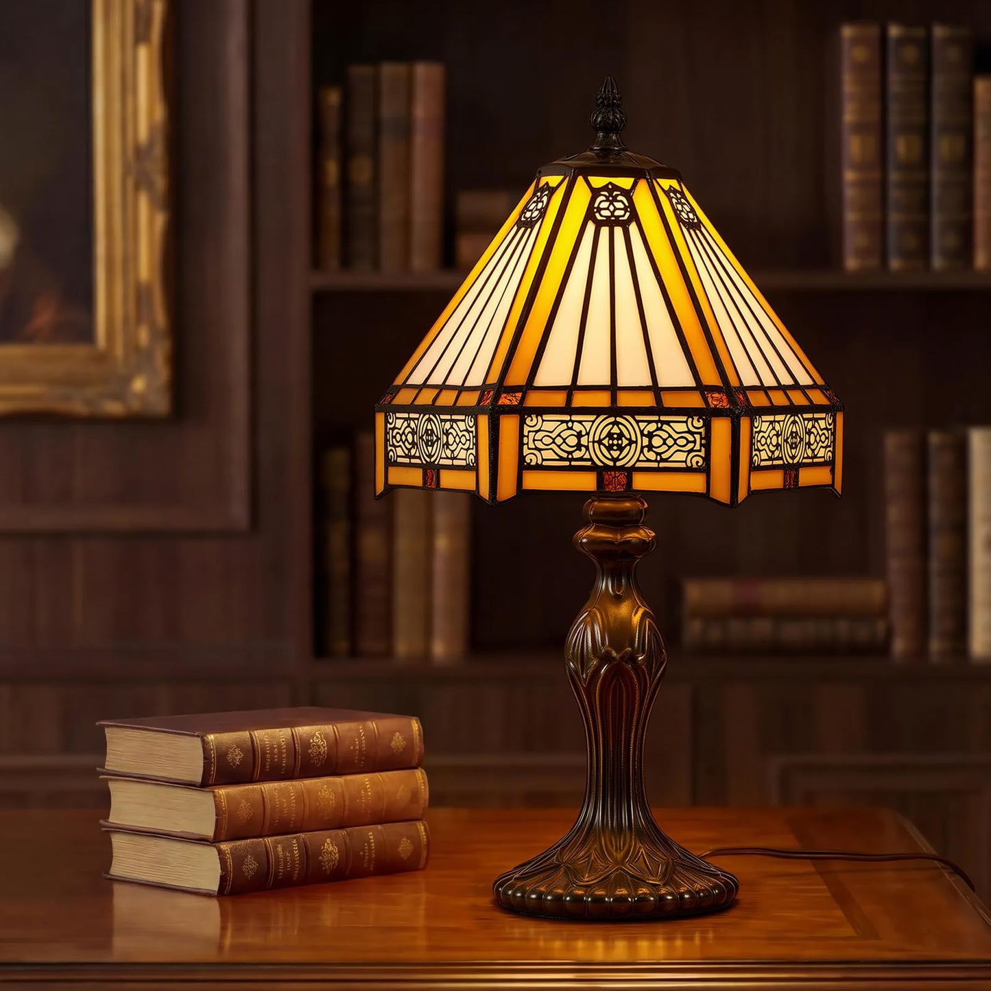 Drqvonth Tiffany Table Lamp, 8" W x 14.3" H Amber Stained Glass Desk Lamp