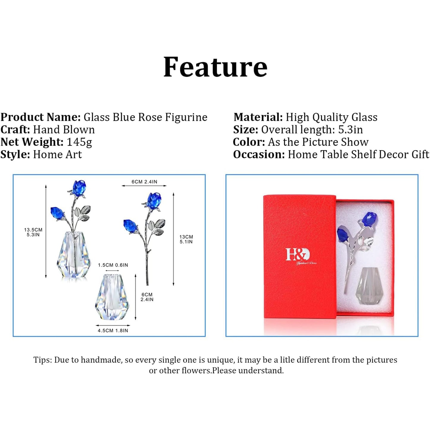 H&D HYALINE & DORA Blue Crystals Roses with Sliver Metal Stem Glass Figurine Ornament Wedding Gifts for Woman Home Party Decorations