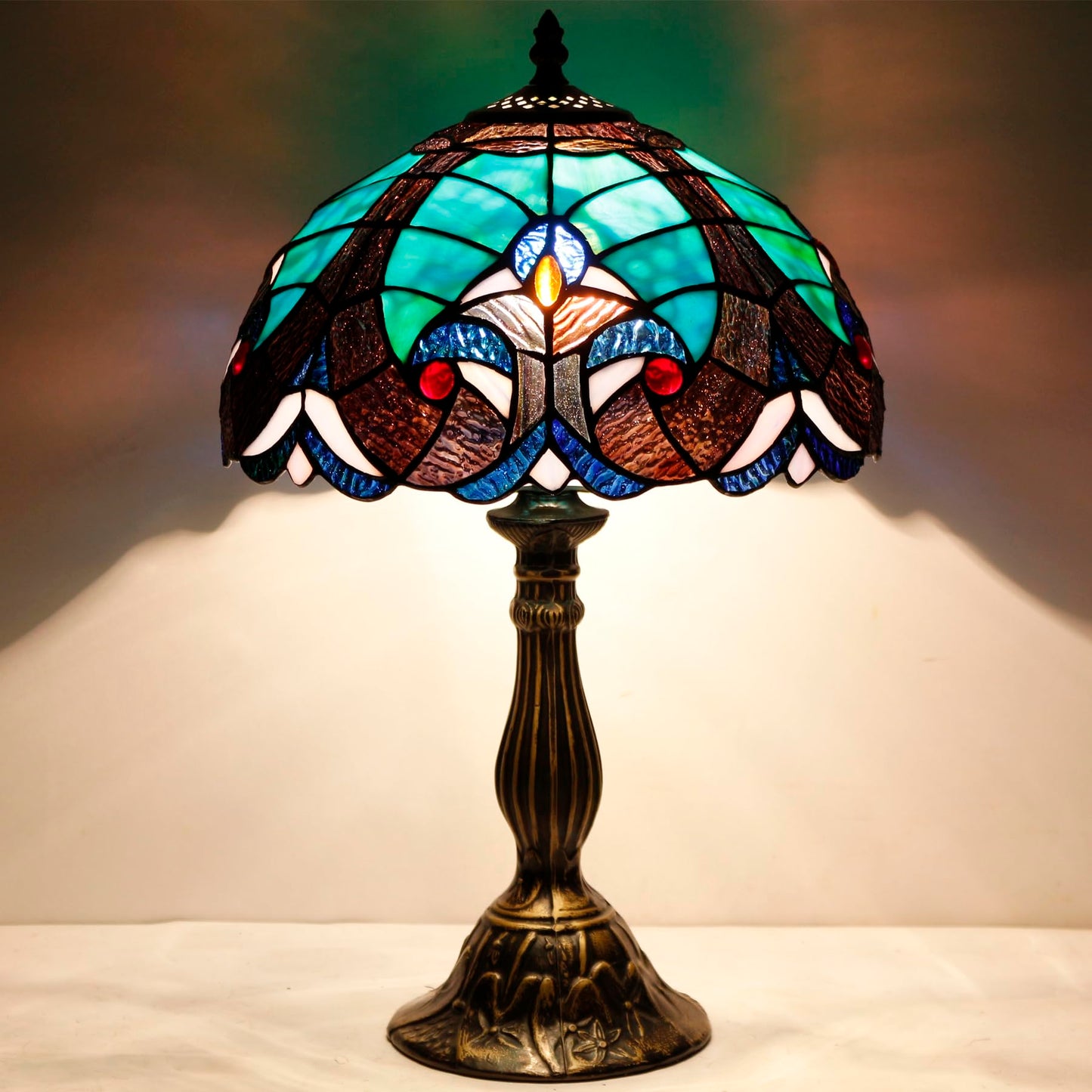WERFACTORY Tiffany Style Lamp Green Liaison Stained Glass Table Lamp