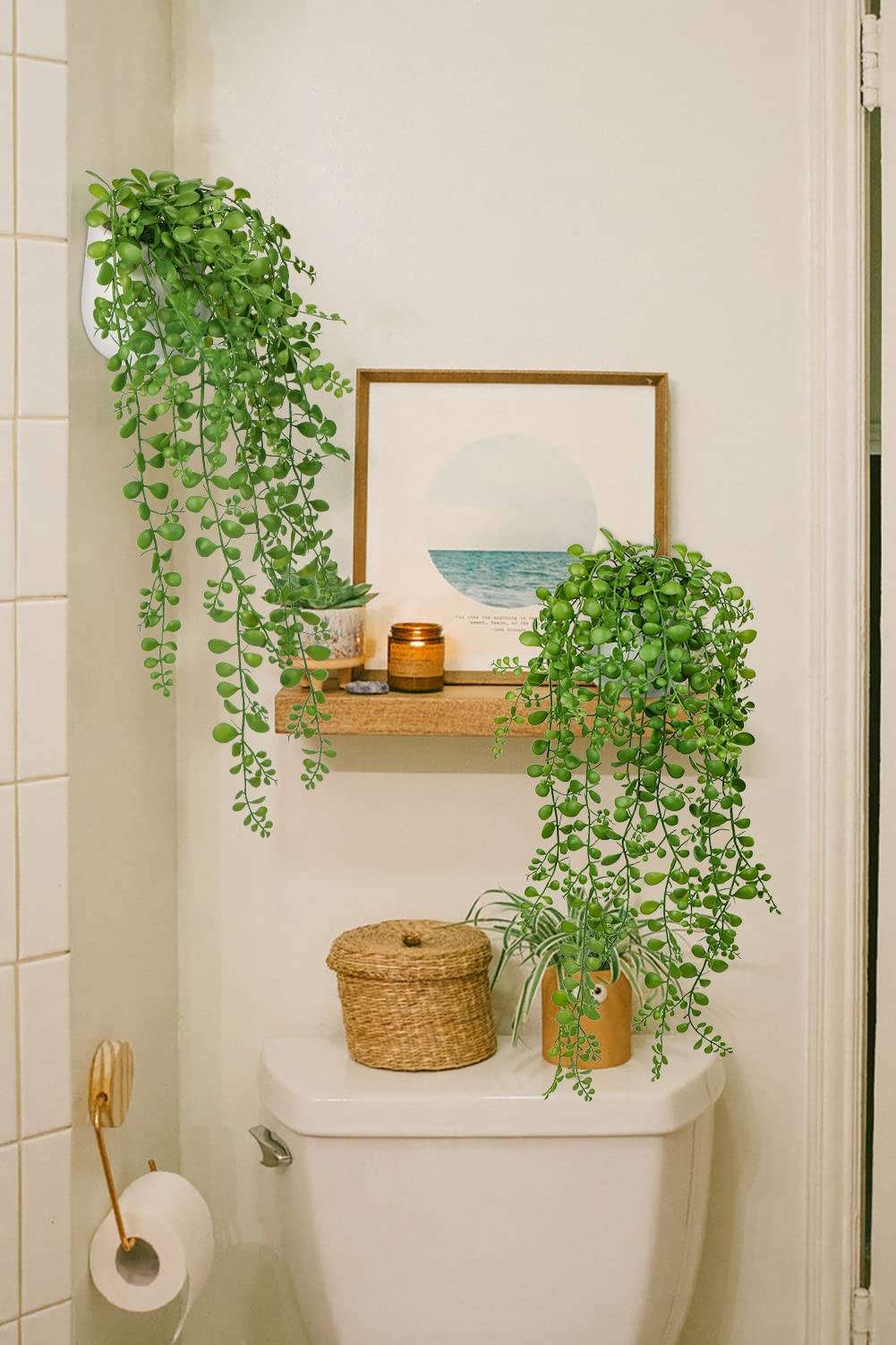 Fake Hanging Plant Large Artificial Hanging Plants 21” Long Hanging Plants Artificial Decor with White Ceramic Pot Faux Hanging Plant Succulents for Home Bedroom Bathroom Wall Table Shelf Decor
