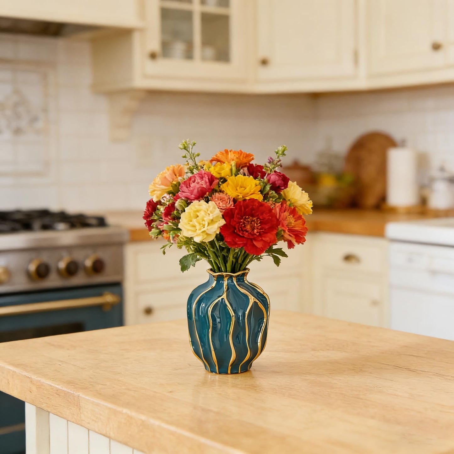 OTARTU Golden Striped Vase for Home Decor, Decorative Ceramic Flower Vase, Glazed Surface, Decoration for Bedroom, Office, Living Room, Bathroom, Tabletop Decor (Peacock Blue-Pomegranate-Shaped)