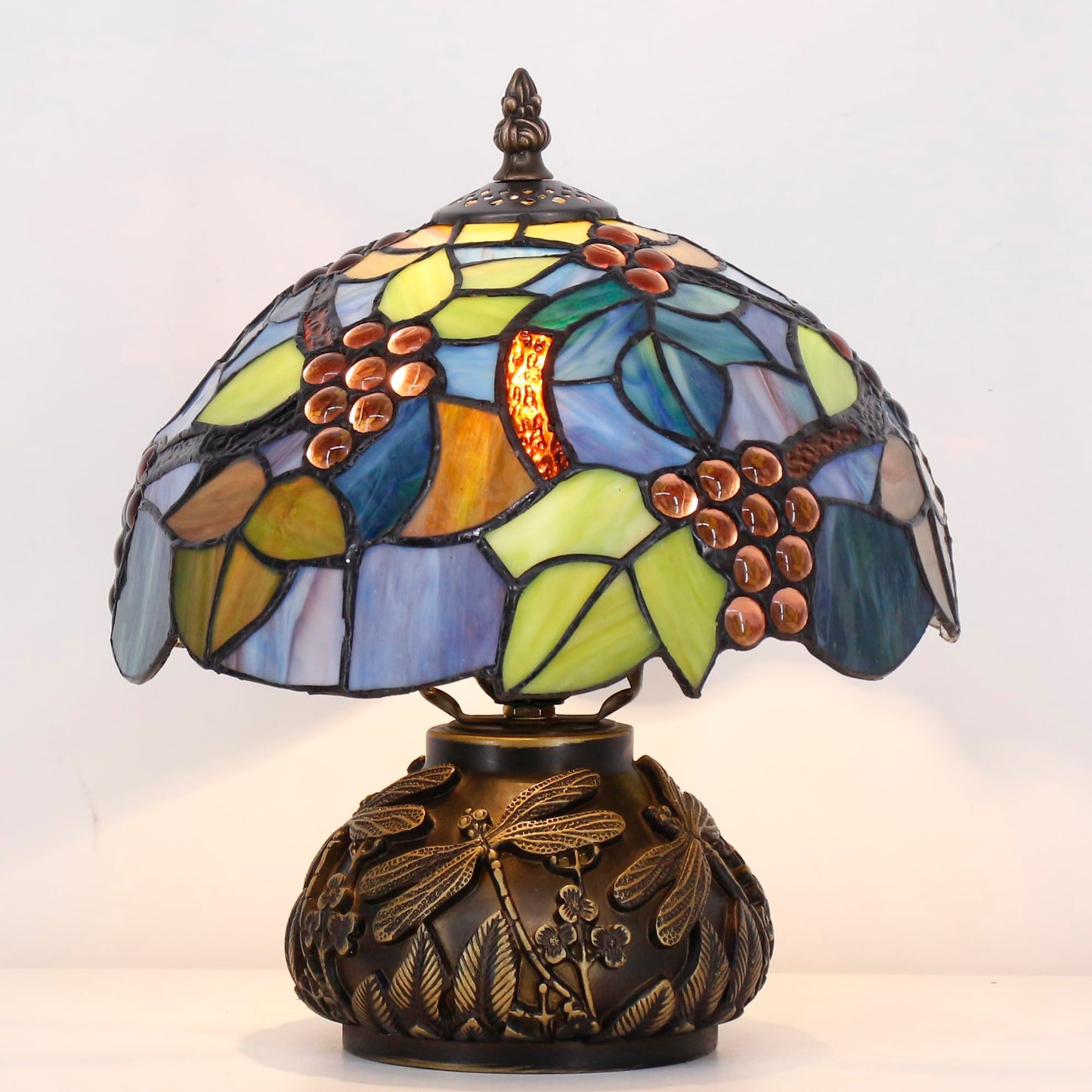 Small Tiffany Table Lamp Amber Grapes Style Glass Desk Lamp 10X11.5 Inch