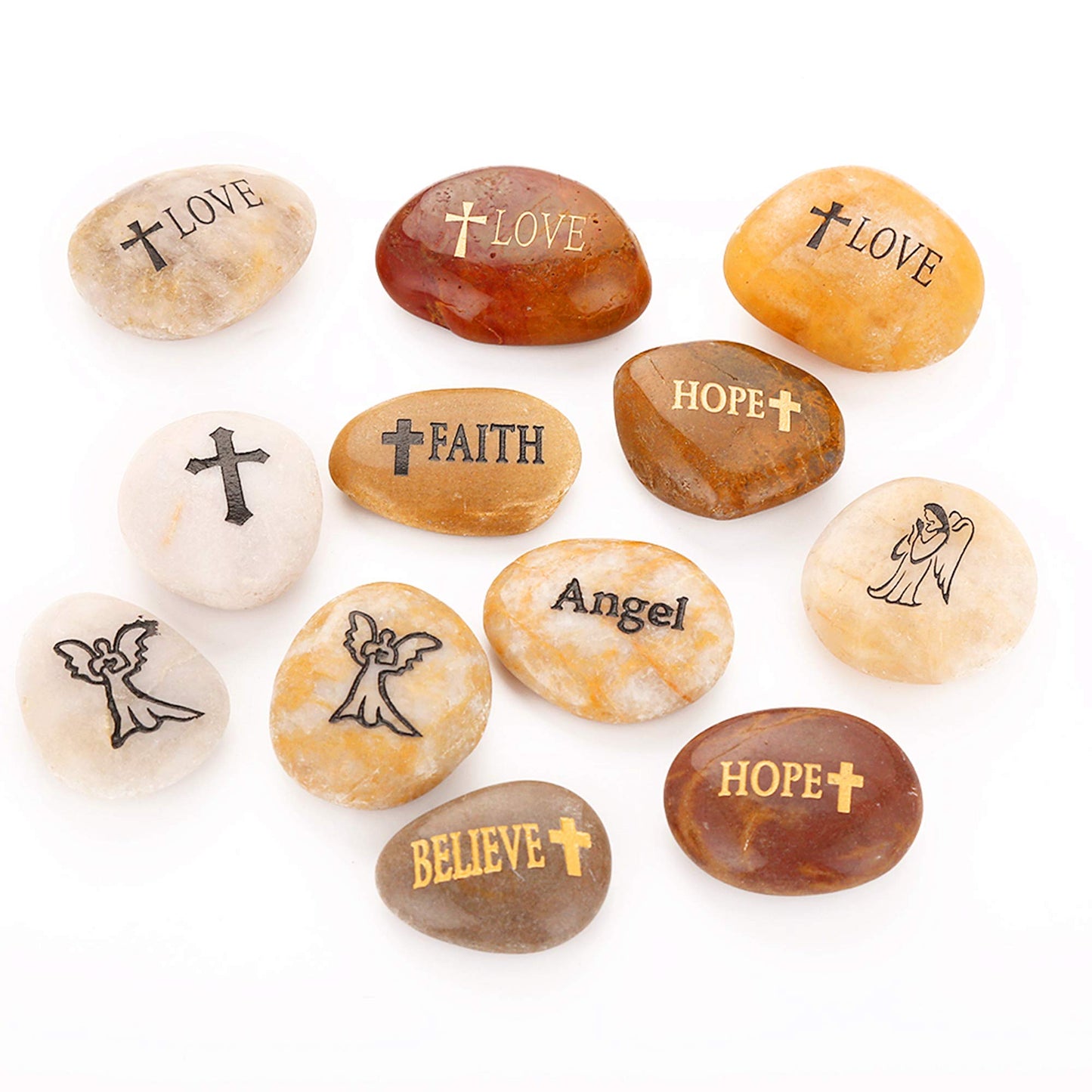 12PCS RockIpact Engraved Guardian Angel Stones Hope Love Faith Believe Inspiration Worry Healing Stones Novelty Serenity Prayer Rock, Pocket Sized Shiny Pebbles (Set of 12, Bulk Lot)
