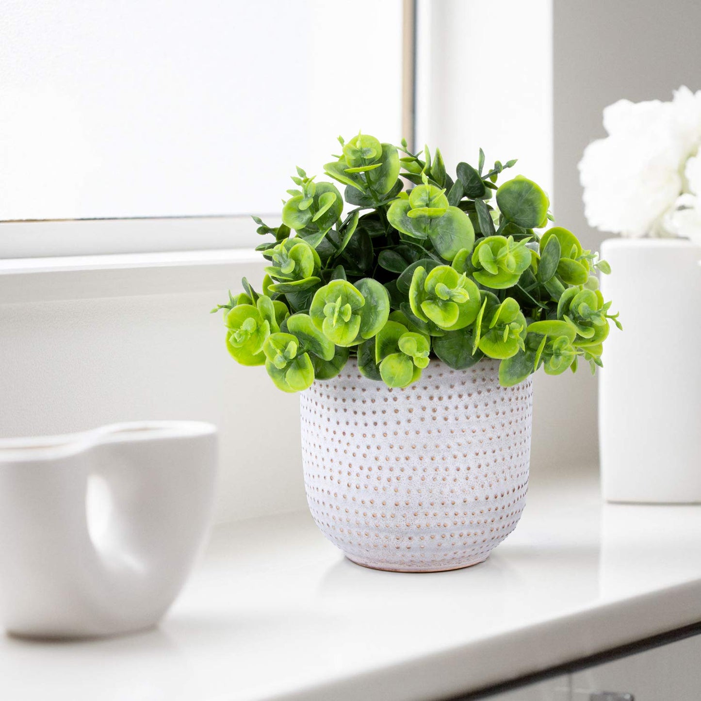 Karlliu Artificial Plants in Ceramic Planter Cute Lysimachia Fake Succulent Flowers Potted for Home Office Table Desk Decor Living Room Bathroom Bedroom Shelves Decoration