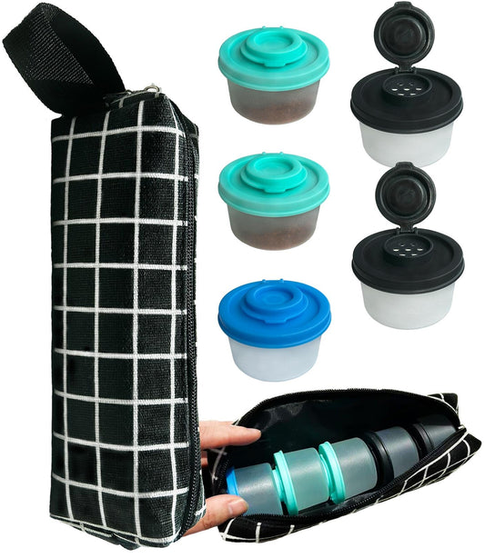 5 Pcs Small Salt and Pepper Shakers with Spice Container Bag, Moisture-Proof and Portable,Travel Salt and Pepper Shakers for Camping Picnic Outdoors Kitchen Lunch Boxes, 3 Colors