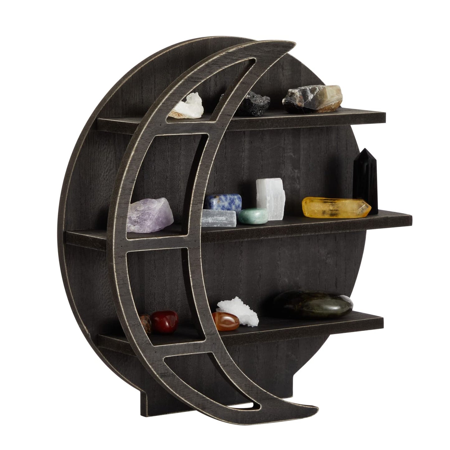 Farmlyn Creek Wooden Moon Shelf - Polished Gothic Wall Decor - Crystal Shelf Display & Essential Oil Organizer - Home Decor Accent - 12 x 12 x 3 in, Rustic Black