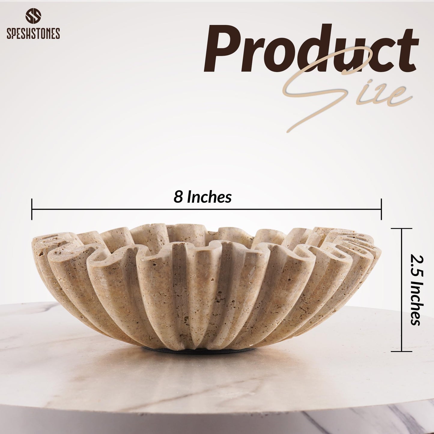 SPESHSTONES Marble Scalloped Bowl Handmade 8 Inch Travertine Ruffle Bowl, Fruit Bowl for Kitchen Counter, Large Decorative Bowls for Housewarming Gifts, Modern Fluted Bowl for Home Decor